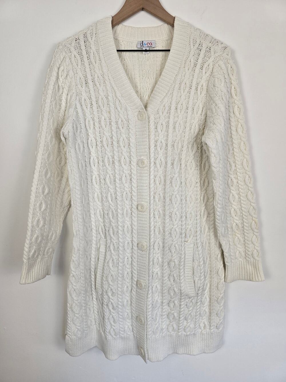 D&Co Ivory Cable Knit Long Cardigan Sweater Cottagecore Size M